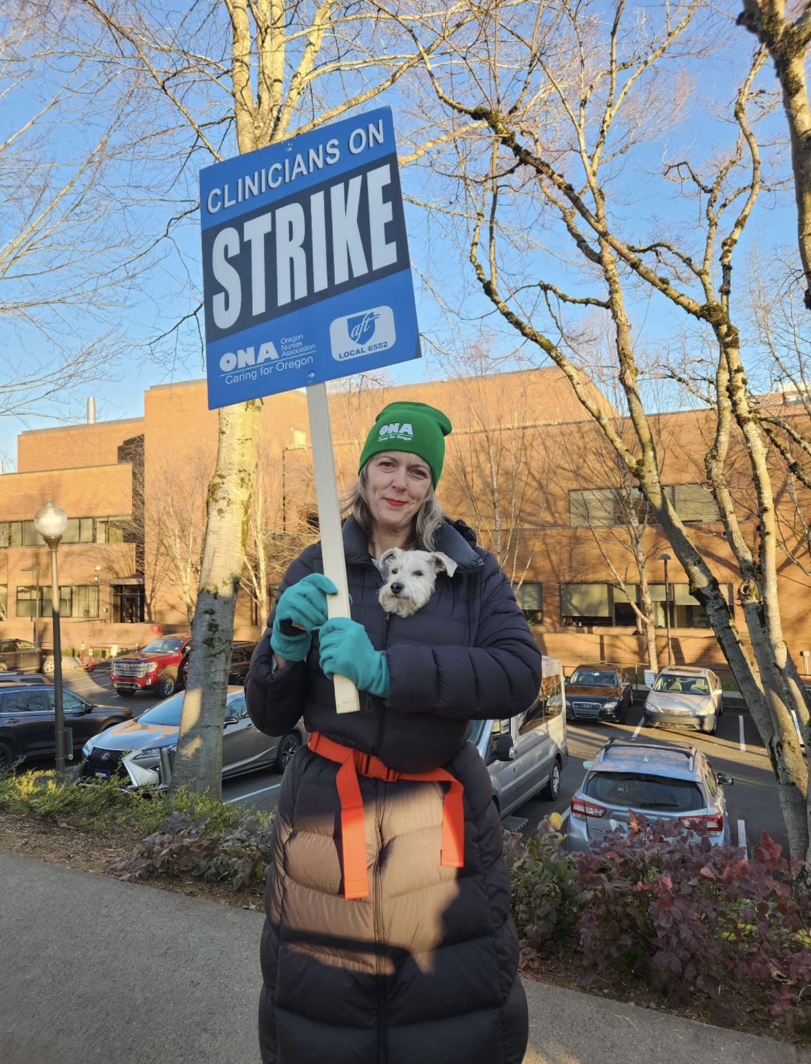 Hospitalist holding a picket sign