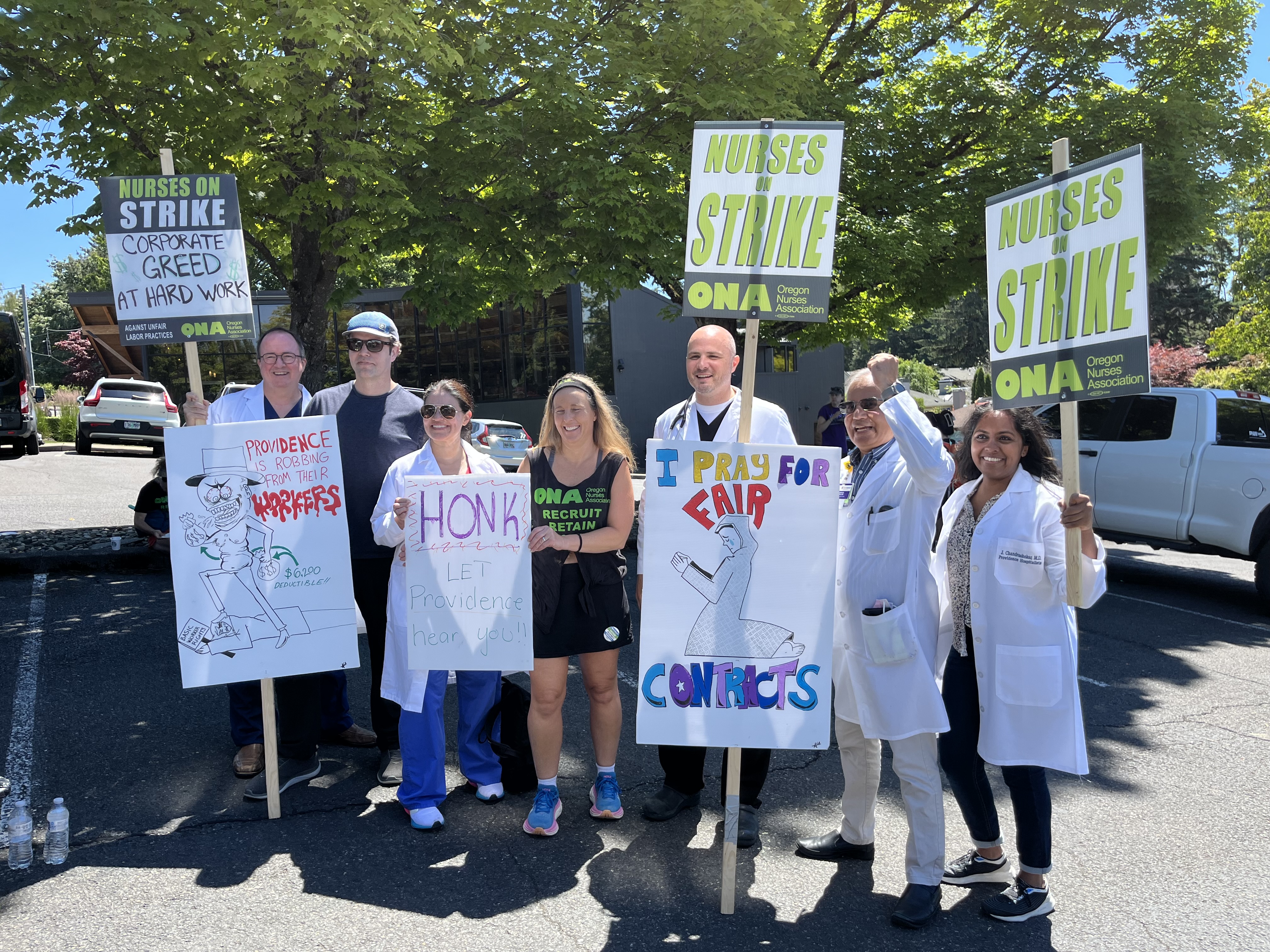 Group of hospitalists holding picket signs with union sibling nurses